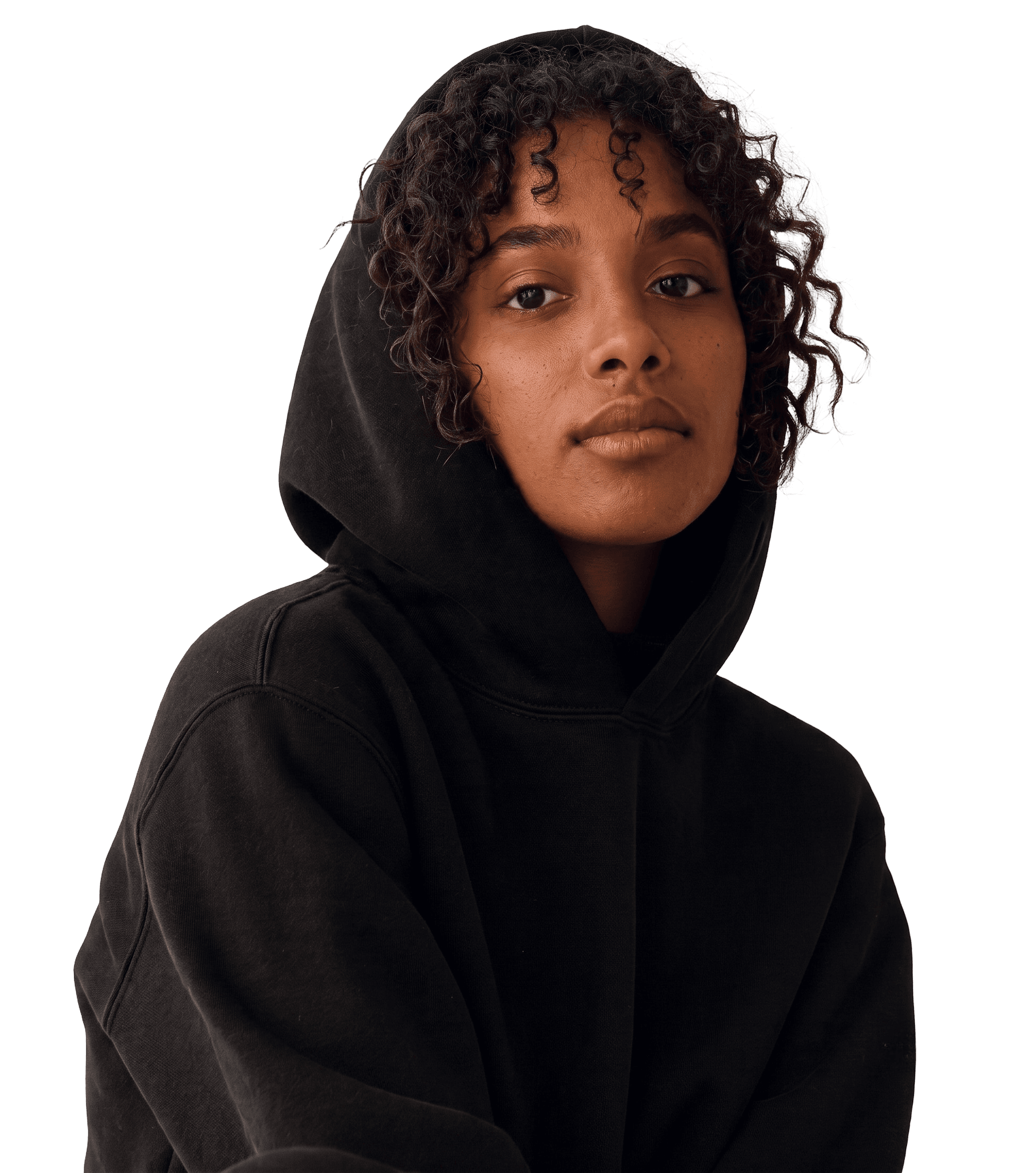 Model wearing a black Beyond Drivers hoodie