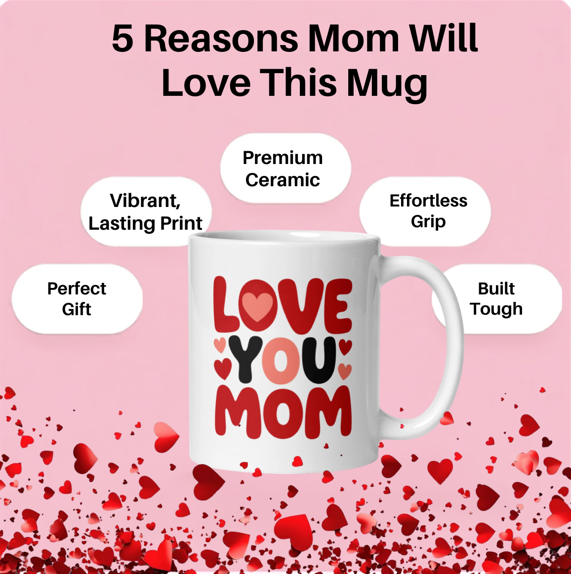 "Love You Mom" Heart Design Coffee Mug – Premium Glossy Ceramic Gift for Mothers