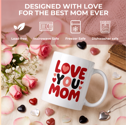 "Love You Mom" Heart Design Coffee Mug – Premium Glossy Ceramic Gift for Mothers