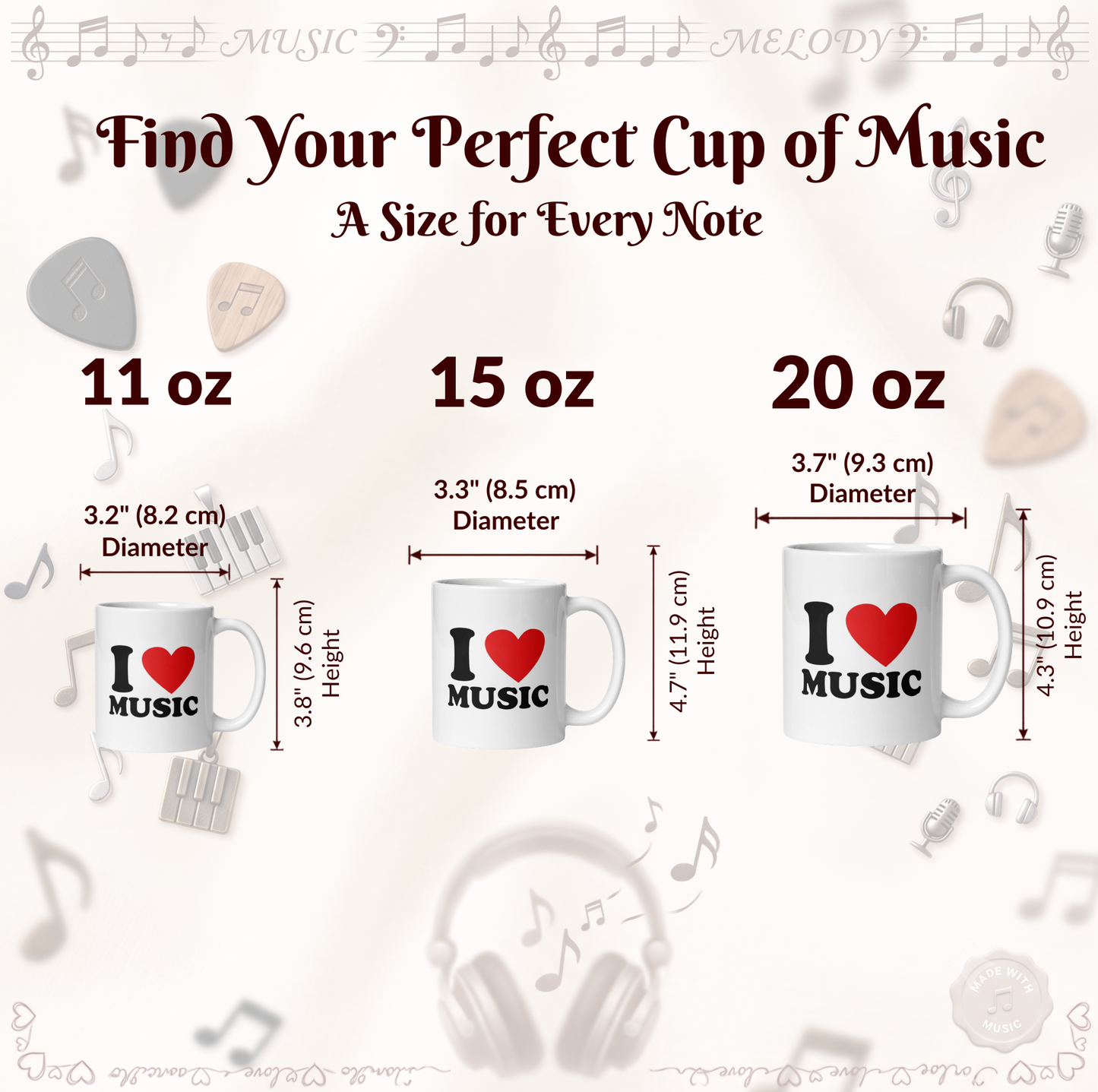 "I Love Music" Graphic Coffee Mug – Premium Ceramic Gift for Music Lovers