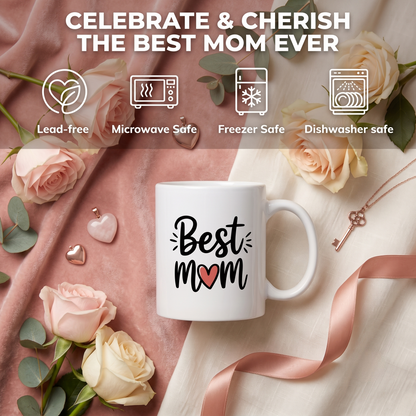 "Best Mom" Heart Coffee Mug – Premium Ceramic Gift for Mothers