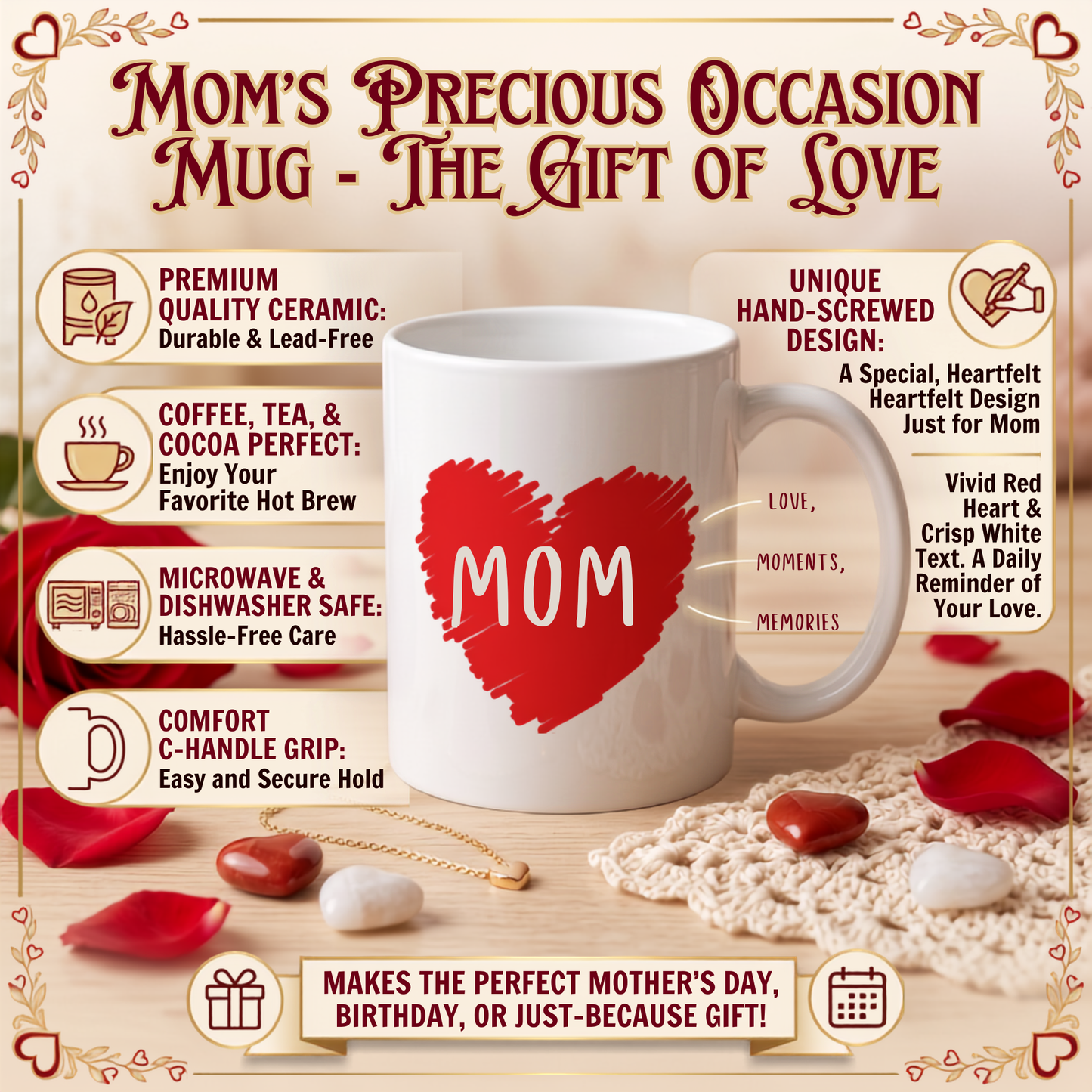 "Mom" Hand-Drawn Red Heart Coffee Mug – Cute Glossy Ceramic Everyday Gift for Mothers