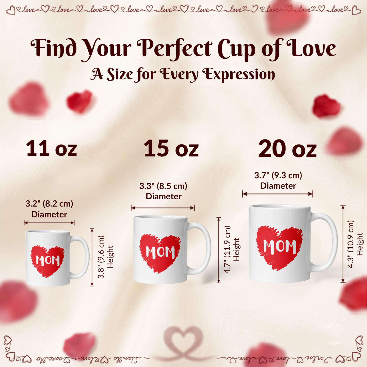 "Mom" Hand-Drawn Red Heart Coffee Mug – Cute Glossy Ceramic Everyday Gift for Mothers