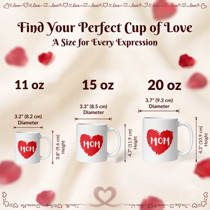 "Mom" Hand-Drawn Red Heart Coffee Mug – Cute Glossy Ceramic Everyday Gift for Mothers